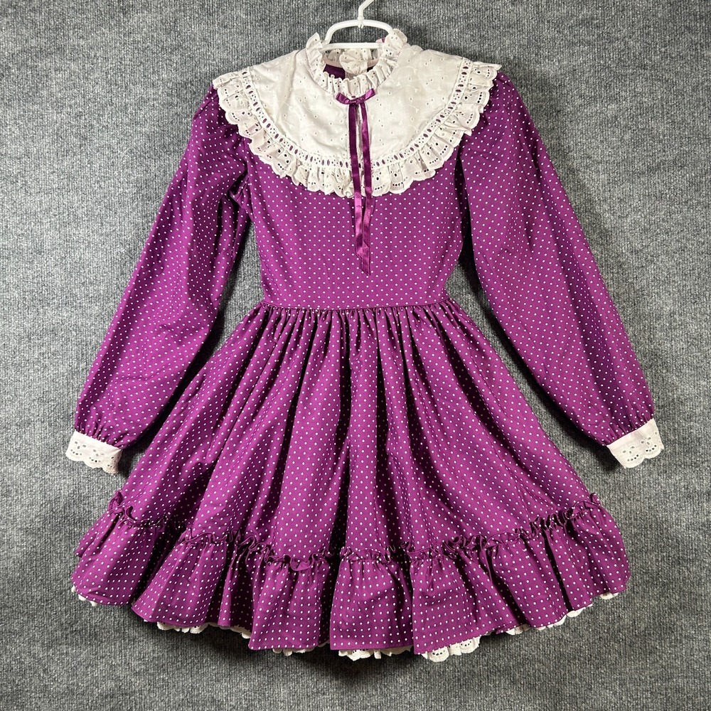 Martha's Miniatures Dress Girls 10 Lace Layer Bell Spin Purple Dot Heart VTG 80s